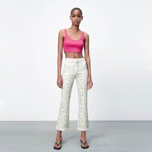NWOT Zara cream off-white ecru floral print flare trouser pants M